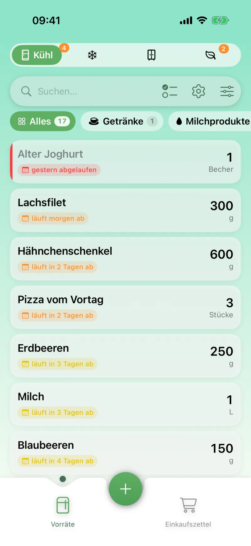 Fridgify-App mit Vorratsliste, Lebensmitteln und Ablaufdaten