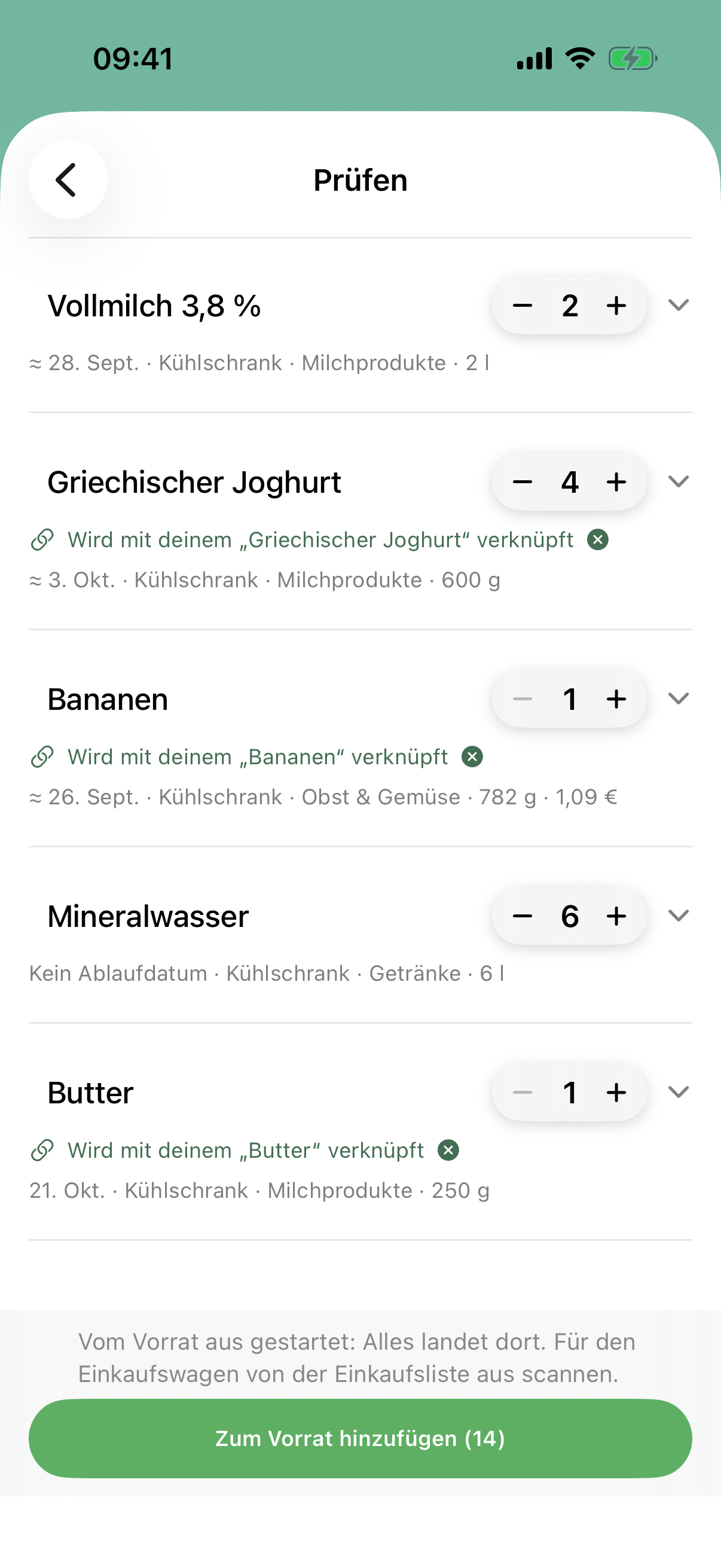 Fridgify zeigt erkannte Produkte zur gemeinsamen Prüfung