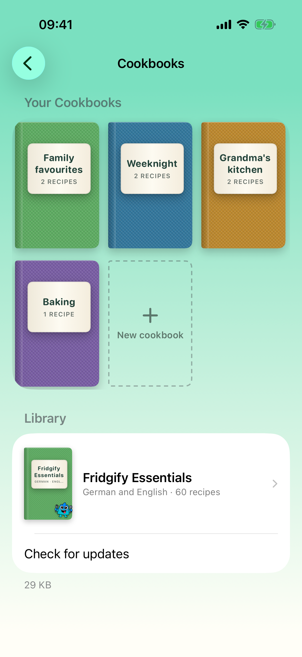 Fridgify showing personal cookbooks with colored covers