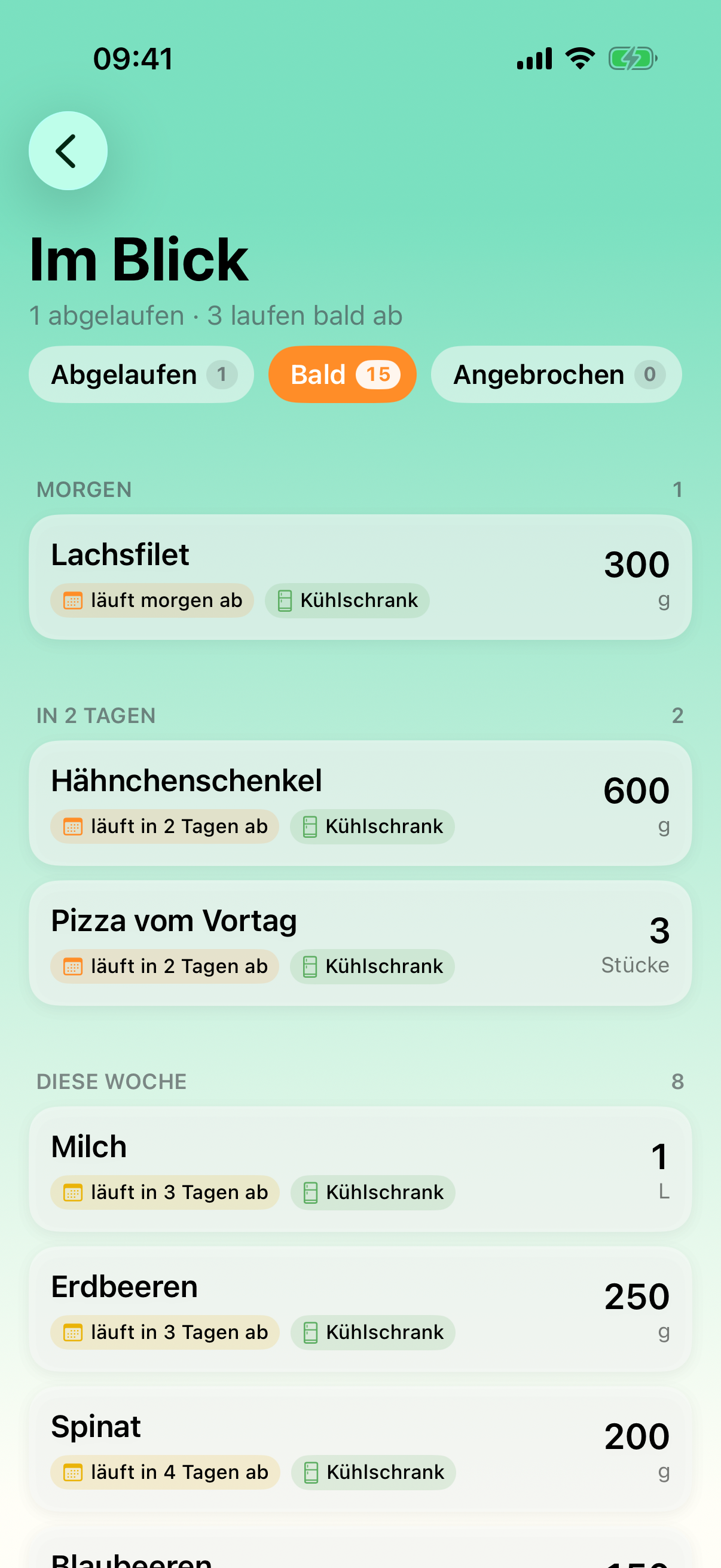 Fridgify zeigt Lebensmittel nach Ablaufdatum gruppiert