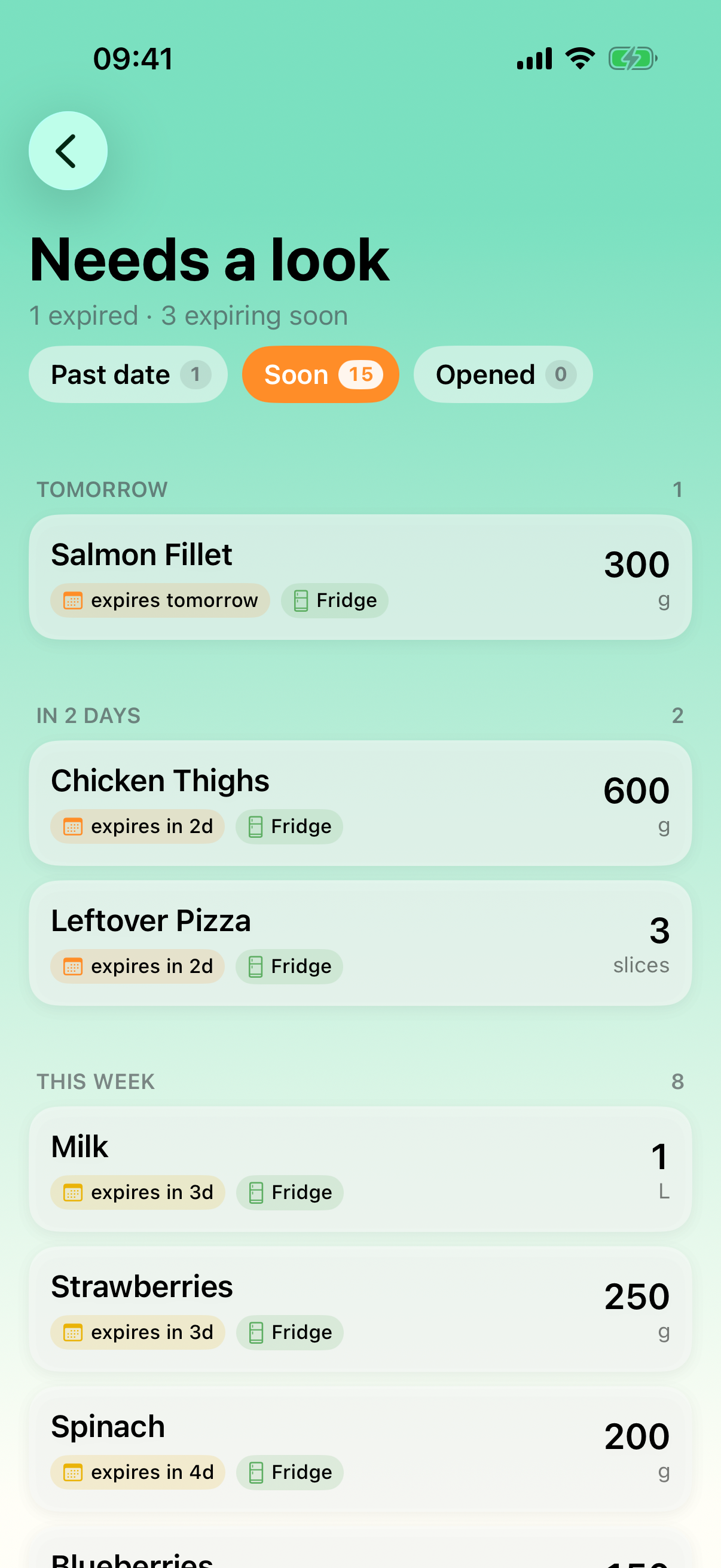Fridgify showing food grouped by upcoming expiry date