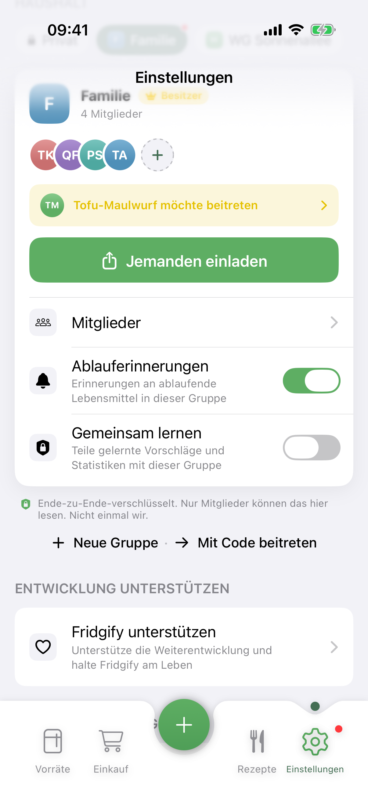 Fridgify zeigt Mitglieder und gemeinsame Listen eines Haushalts