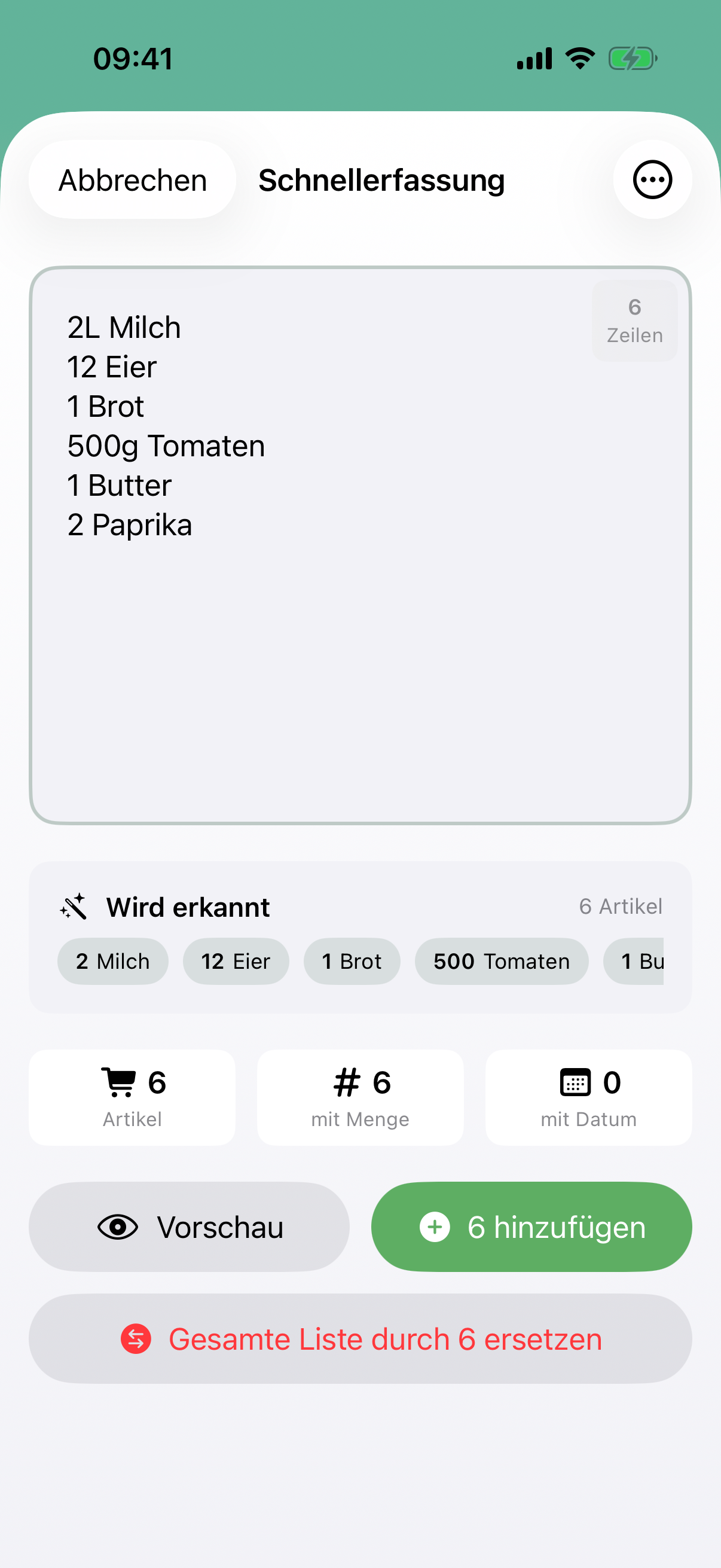 Quick Add erkennt mehrere eingegebene Lebensmittel