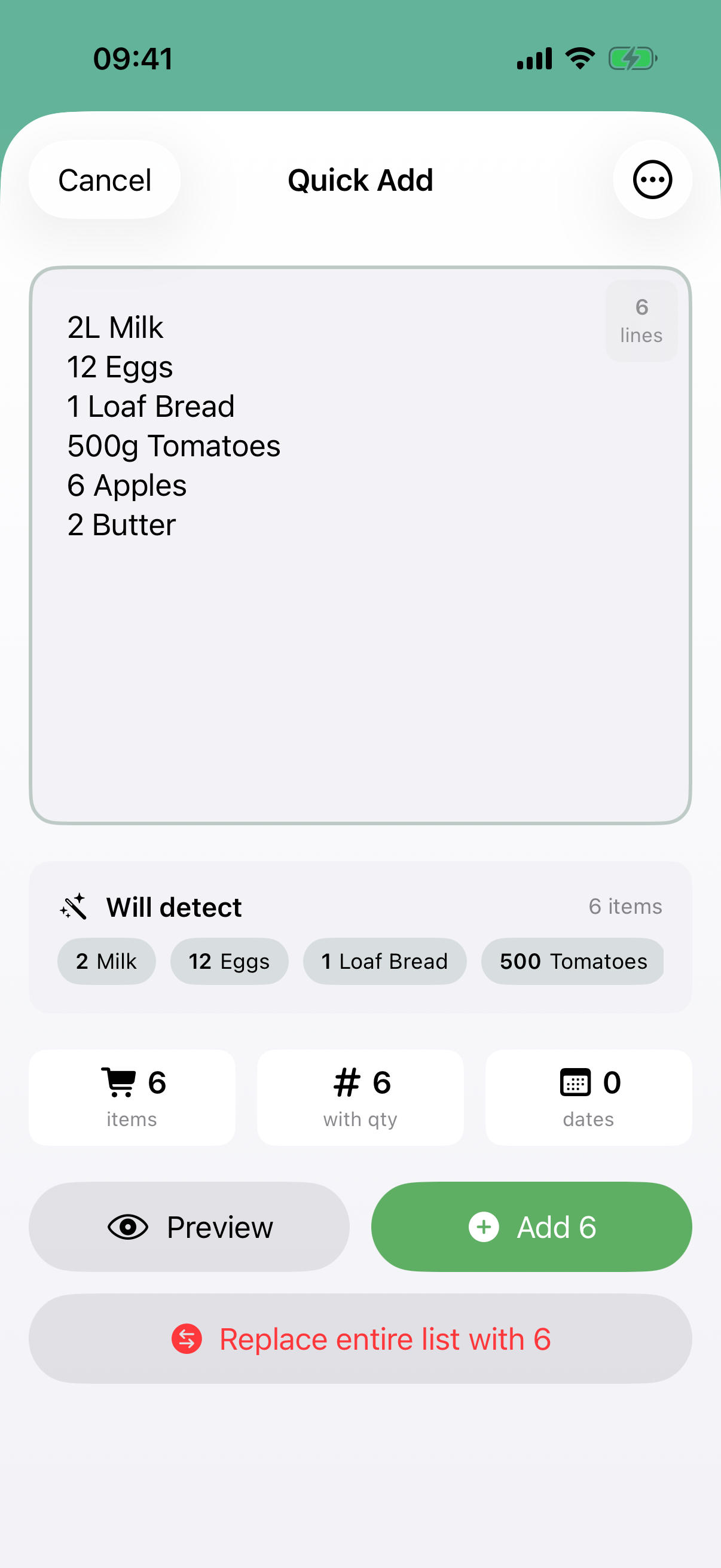Quick Add turning several typed grocery lines into items