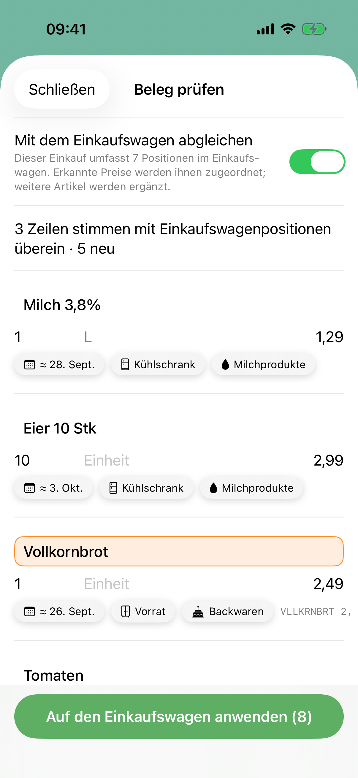 Fridgify prüft erkannte Lebensmittel auf einem Kassenbon