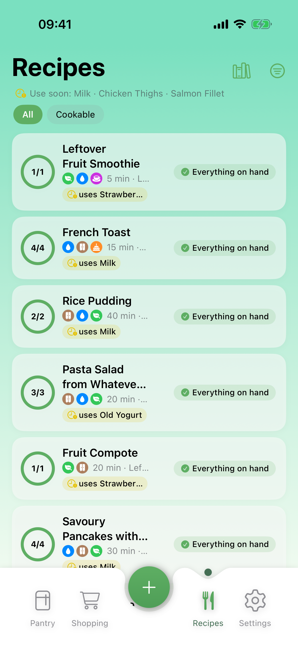 Fridgify recipes showing dishes that can be cooked with pantry ingredients
